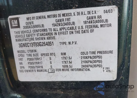 2003 Chevrolet Avalanche 1500 from USA, damaged, VIN 3GNEC13T83G264051